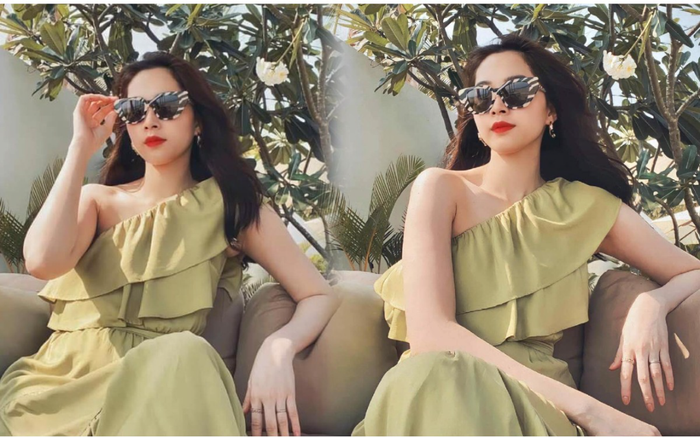 Hoa hậu Đặng Thu Thảo diện váy xanh lệch vai khoe xương quai xanh gợi cảm Ảnh 2