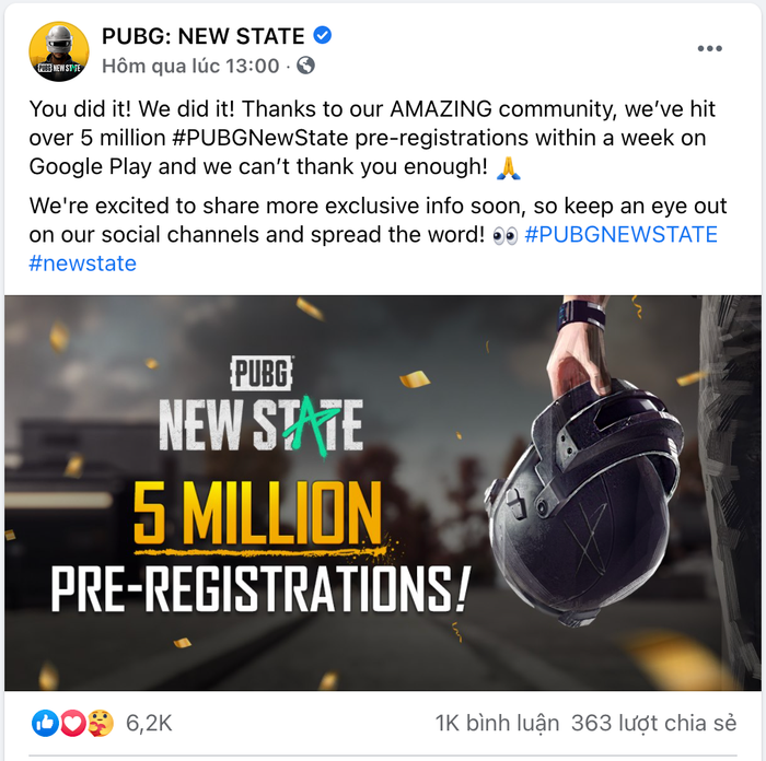 Thông báo cho biết PUBG: New State cán mốc hơn 5 triệu lượt đăng ký trước dù chỉ xuất hiện vài ngày trên Google Play Store. (Ảnh chụp màn hình)