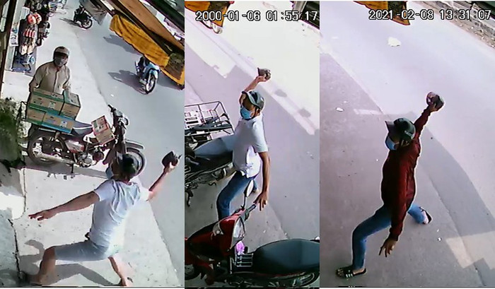 Nhóm người do vợ chồng Chương thuê để tạt chất bẩn vào nhà thuốc tây. Ảnh: PLO