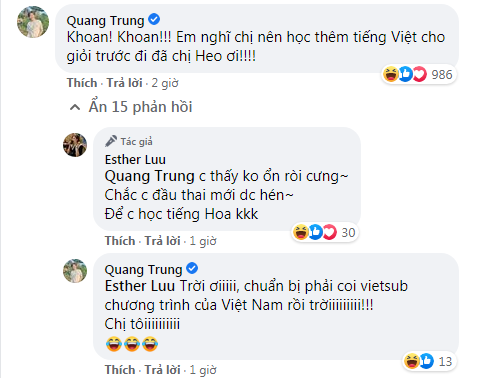 Quang Trung để lại bình luận 'trêu' Hari Won nên học thêm tiếng Việt vì trước đây cô từng không ít lần bị dân tình chê phát âm không rõ tiếng dù đã ở Việt Nam từ lâu