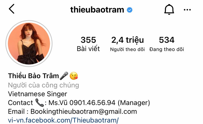 Tính đến thời điểm hiện tại, trang cá nhân trên Instagram của Thiều Bảo Trâm đã đạt 2,4 triệu người theo dõi