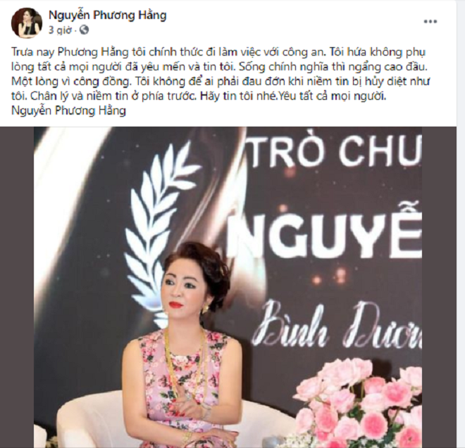 Thông tin được bà Nguyễn Phương Hằng chia sẻ trên trang cá nhân