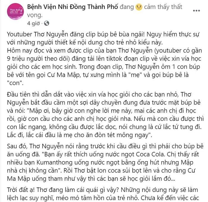 Trước clip 'xin vía học giỏi' của Youtuber Thơ Nguyễn, Bệnh viện Nhi đồng TP.HCM đưa ra cảnh báo Ảnh 2