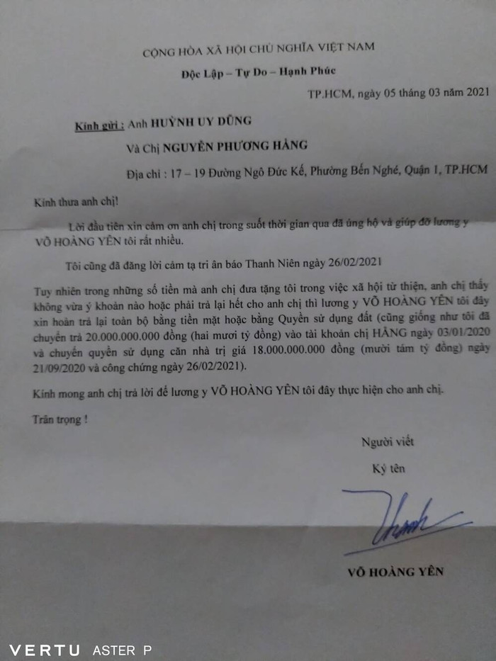 Lá thư của ông Võ Hoàng Yên gửi vợ chồng ông Dũng 'lò vôi'.