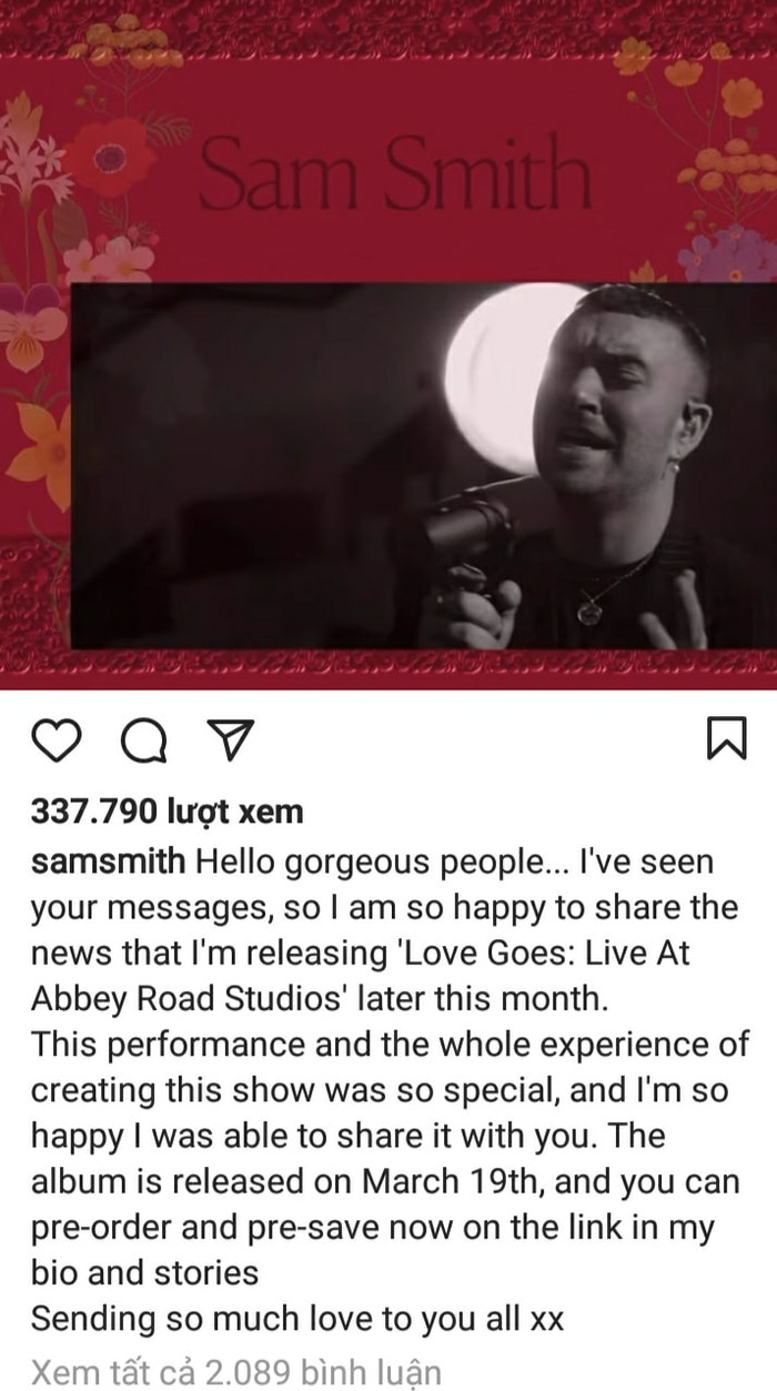 Bài đăng trên Instargram của Sam Smith thông báo về sự trở lại vào ngày 19 tháng 3 với một album live