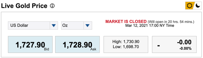 Trong phiên giao dịch sáng ngày 14/3, giá vàng giao ngay ở mức 1.727 USD/ounce, tăng 3 USD/ounce vào lúc 8h30 (giờ Việt Nam), theo Kitco. (Nguồn: Kitco)