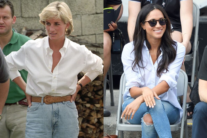 Phong cách thời trang phóng khoáng giữa Diana và Meghan Markle trong kiểu áo sơ mi oversized kết hợp với quần jeans 
