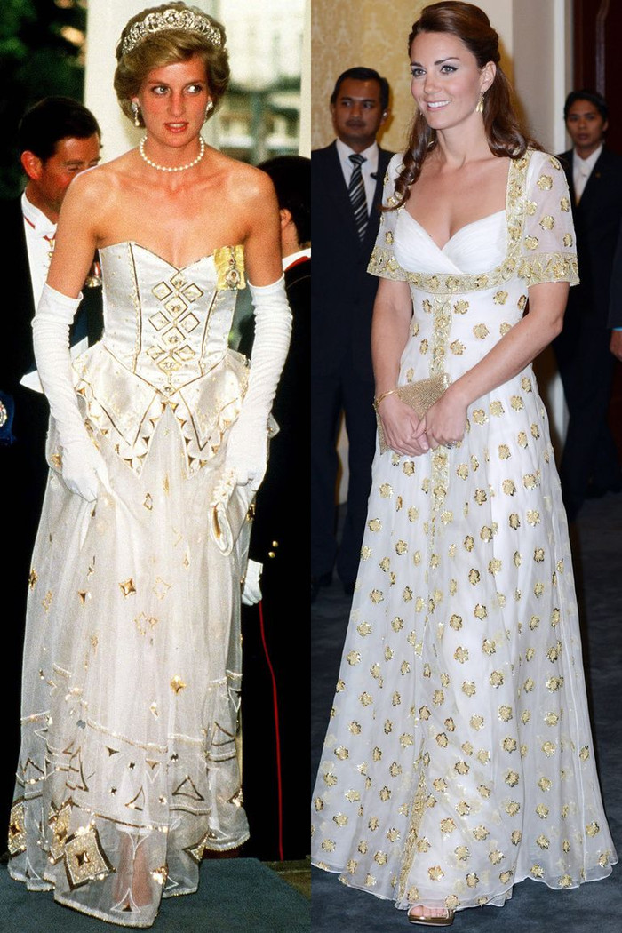 Thiết kế váy dạ hội màu trắng đến từ Alexander McQueen mà Kate Middleton mặc cũng lấy từ nguồn cảm hứng từ bộ váy mà Diana mặc đi tiệc tại đại sứ quán Đức vào năm 1986