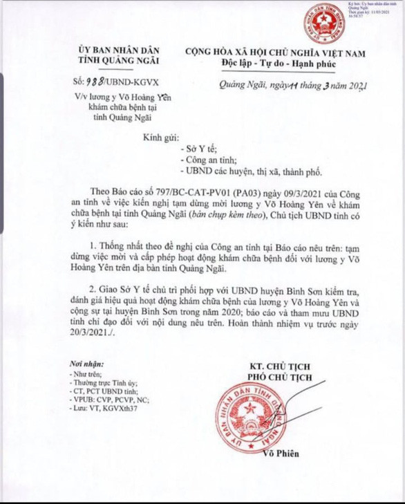 Văn bản của UBND tỉnh Quảng Ngãi chặn 'thần y' Võ Hoàng Yên về khám chữa bện