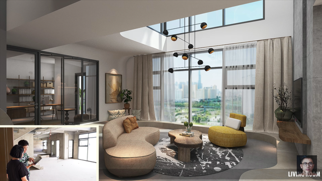 Phòng khách nhà Dino Vũ theo bản thiết kế 3D. Hiện tại căn nhà đang hoàn thiện những chỉnh sửa thi công cuối cùng và nhanh chóng đi vào giai đoạn trang trí.