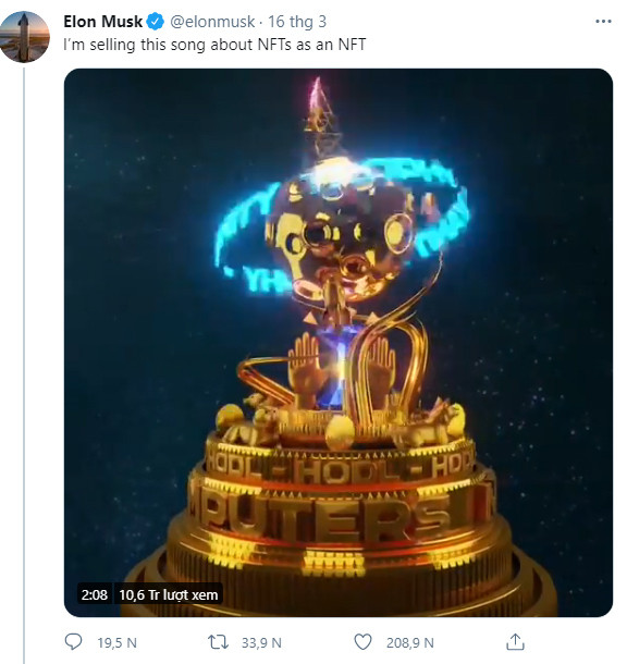Ngày 16/3, CEO Tesla đã đăng tweet kèm video nội dung: 'Tôi đang bán bản nhạc có nội dung về NFT này dưới dạng NFT'. (Ảnh chụp màn hình)