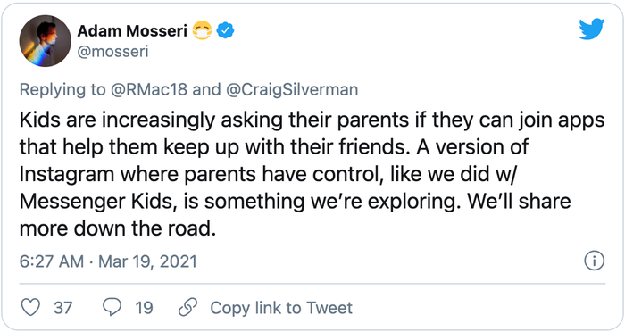 Người đứng đầu Instagram - Adam Mosseri mới đây xác nhận ứng dụng Instagram sẽ có thêm một phiên bản dành cho trẻ em dưới 13 tuổi. (Ảnh chụp màn hình)