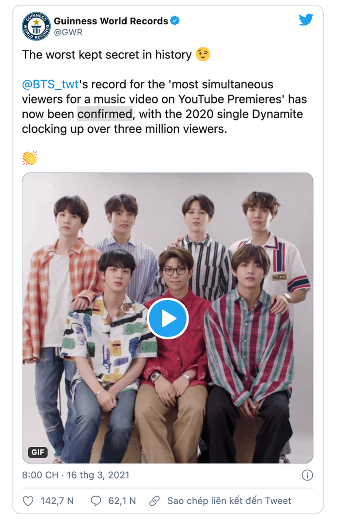 Kỷ lục Guinness Thế giới đã xác nhận rằng Dynamite của BTS đã giành được danh hiệu “Người xem đồng thời nhiều nhất cho một video ca nhạc trên YouTube Premieres”.