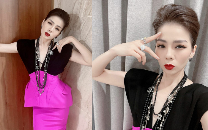 Lệ Quyên như bị nuốt chửng vì chiếc váy hồng chói lọi và chuỗi hạt trĩu nặng trên cổ Ảnh 2