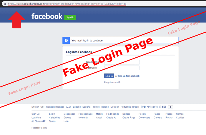 Địa chỉ của trang web lừa đảo không phải Facebook.com. (Ảnh: Digital Information World)