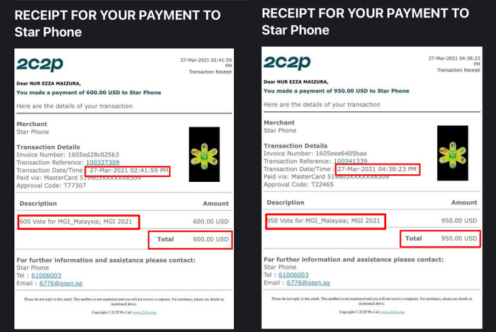 Lấy ví dụ 2 hóa đơn bình chọn: sát giờ đóng cổng bình chọn, fan Malaysia đổ 600 USD - 950 USD vào app vote vì quyết giành giải vào thẳng Top 10.