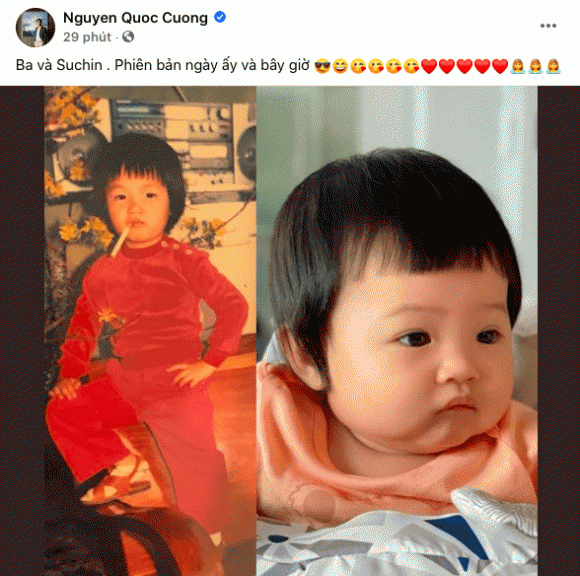 Trên trang cá nhân, Cường Đô La từng thích thú so sánh hai phiên bản nhí giống nhau 'y như đúc' của mình và con gái