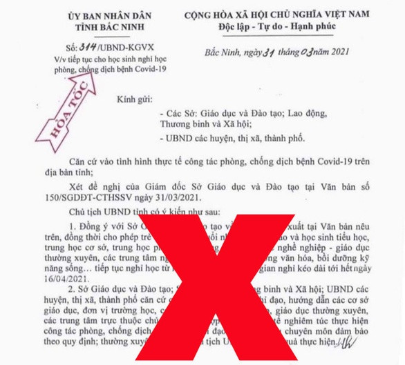 Tỉnh Bắc Ninh khẳng định văn bản tiếp tục cho học sinh, sinh viên toàn tỉnh nghỉ học từ ngày 1/4/2021 đến ngày 16/4/2021 để phòng, chống Covid-19 là giả mạo.