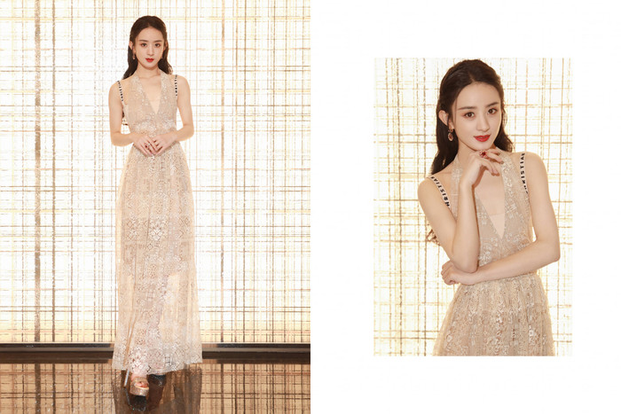 Thiết kế váy màu be xẻ ngực sâu được ekip Triệu Lệ Dĩnh tinh tế bằng cách cho cô mặc áo croptop bên 