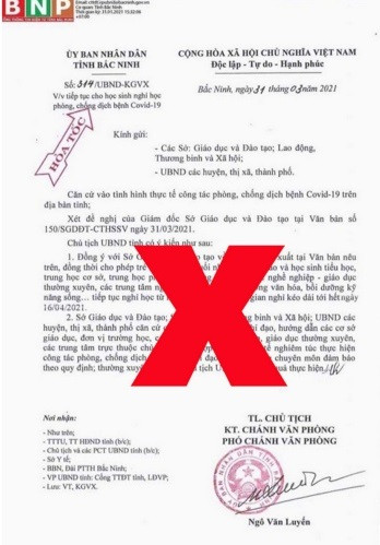Bắc Ninh khẳng định văn bản cho học sinh nghỉ học từ 1/4 để phòng chống dịch COVID-19 là giả mạo, vi phạm pháp luật - Ảnh: Cổng thông tin điện tử Bắc Ninh