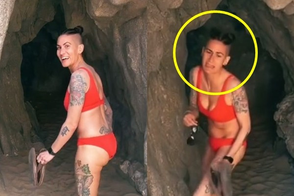 Biểu cảm tương phản của Jessica lúc trước và sau khi đi vào hang khám phá khiến dân mạng bật cười.