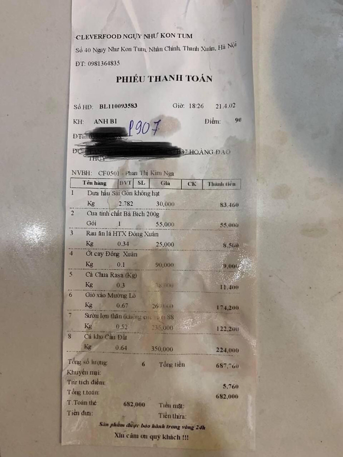 Hoá đơn khách hàng thanh toán khi mua hàng,