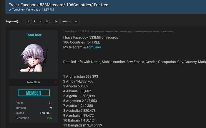 Thông tin cá nhân của 533 triệu người dùng Facebook (bao gồm số điện thoại, ID đăng nhập Facebook, họ và tên, địa chỉ, ngày sinh, nhiều địa chỉ email) đã bị phát tán miễn phí tại một diễn đàn của các hacker .