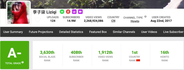 Kênh YouTube của Lý Tử Thất hiện đã có hơn 14,9 triệu lượt đăng ký, gần cán cột mốc 15 triệu. (Ảnh: Liziqi / YouTube)