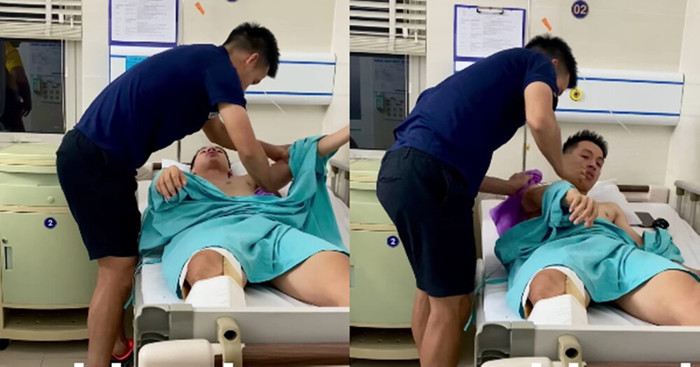 Văn Quyết lau người cho Hùng Dũng.