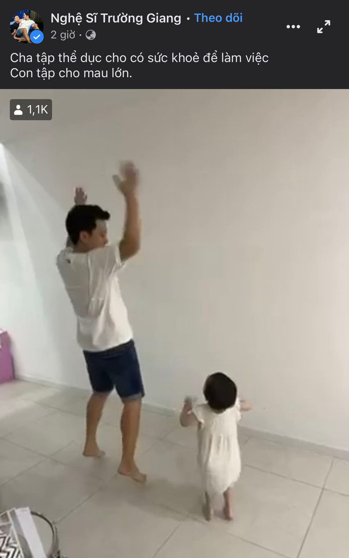 Trường Giang khoe khoảnh khắc cùng con gái tập thể dục tại nhà.