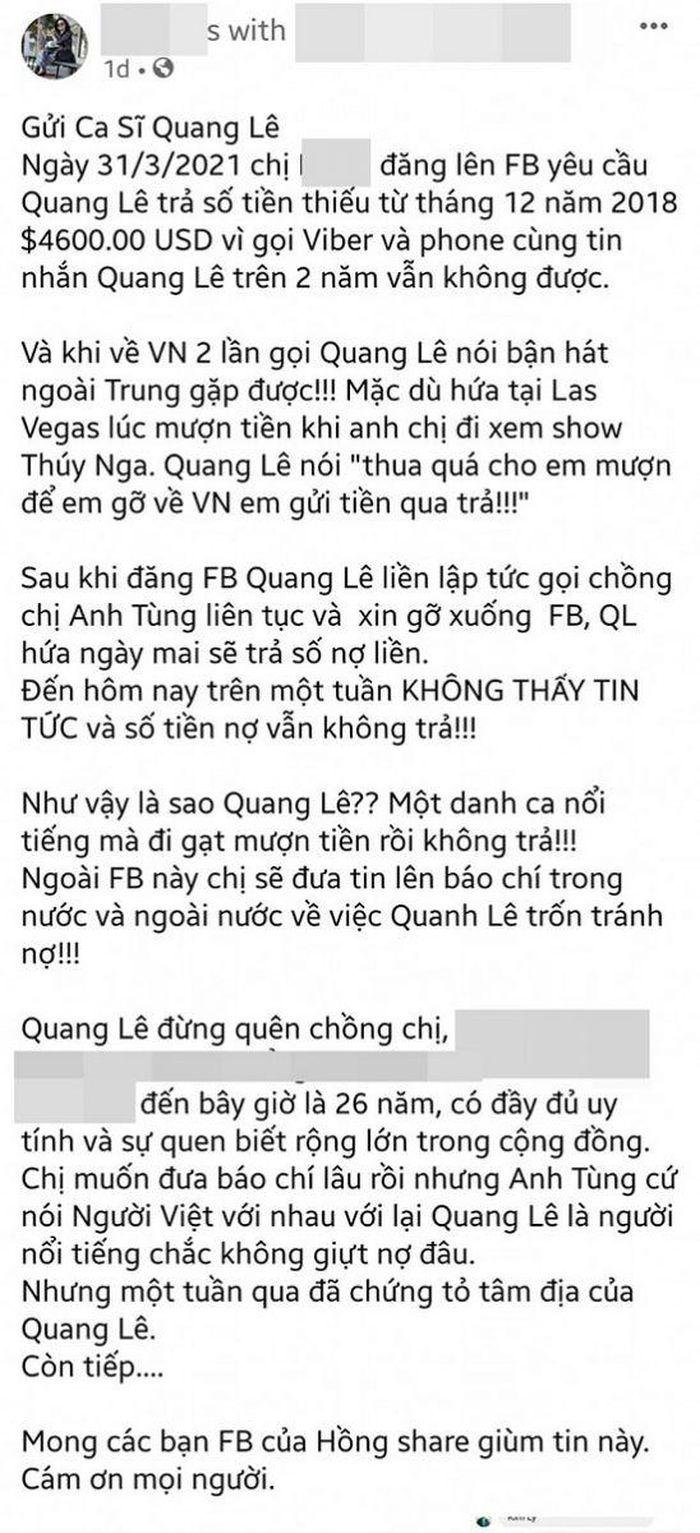 Người tố Quang Lê nợ nần lên tiếng đính chính: 'Tài khoản của tôi bị hack, lợi dụng bôi nhọ người khác' Ảnh 2