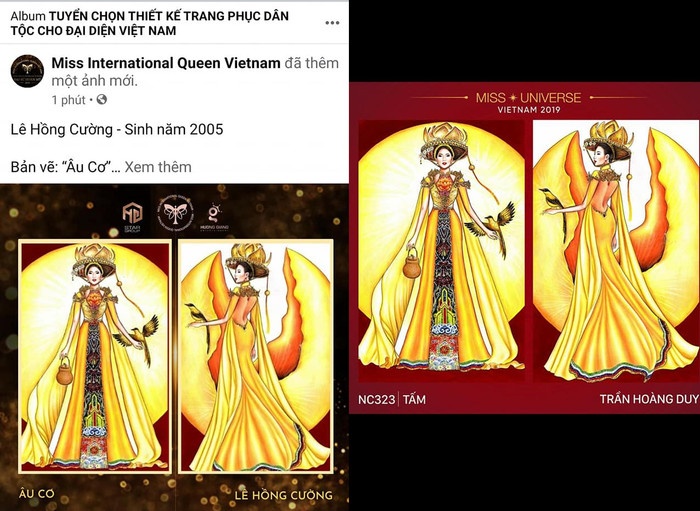 Trước đó, mẫu thiết kế 'Âu cơ' được fanpage Miss International Queen Vietnam đăng tải cũng là bản vẽ từ cuộc thi Thiết kế Trang phục dân tộc cho Hoàng Thùy năm 2019.
