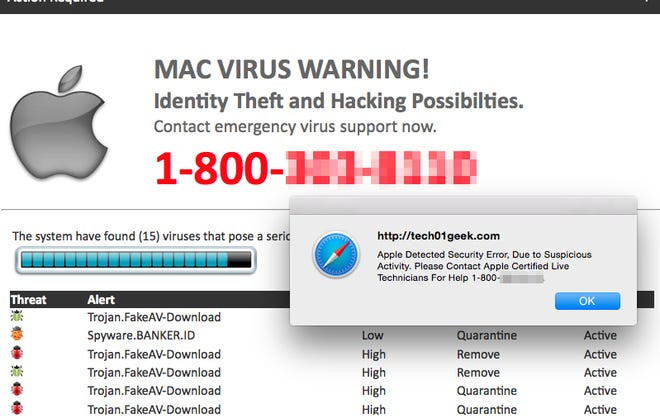 Thông báo pop-up lừa đảo với nội dung cảnh báo máy tính nạn nhân đang bị virus. (Ảnh: Malwarebytes)
