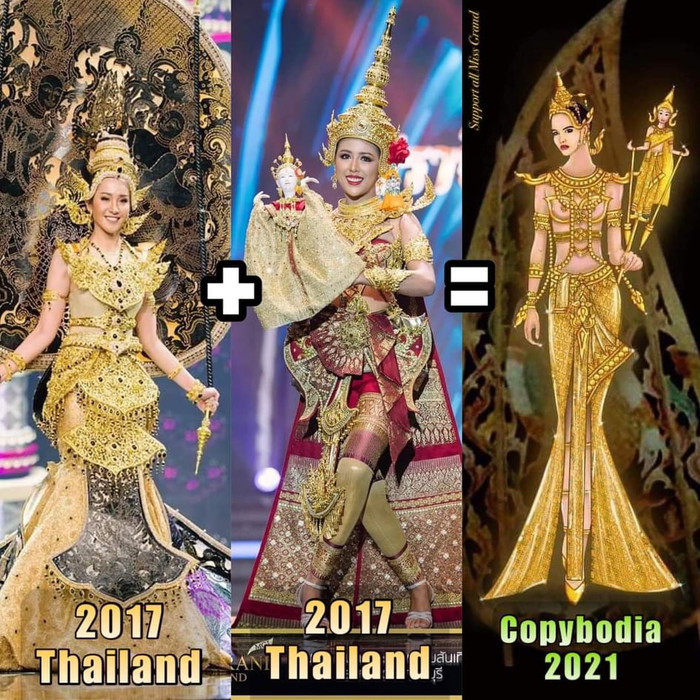 Dự kiến trước đó, thiết kế mang họa tiết con rối (ngoài cùng bên phải) sẽ được người đẹp Sarita Reth - đại diện Campuchia mang đến Miss Universe 2020.