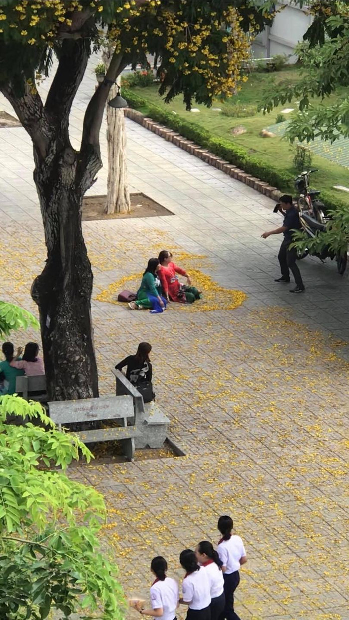 Các cô còn khéo léo xếp hoa thành hình trái tim rồi mới chụp ảnh 'sống ảo'. Ảnh: Nguyễn Hoàng Kim/ Group Trường Người Ta