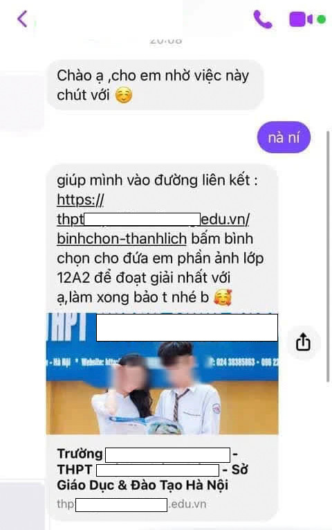 Đầu tiên, những kẻ gian sẽ gửi các link có nội dung nhờ bình chọn các cuộc thi danh hiệu học sinh trong các cuộc thi ở trường. (Ảnh: Pháp luật & Bạn đọc)