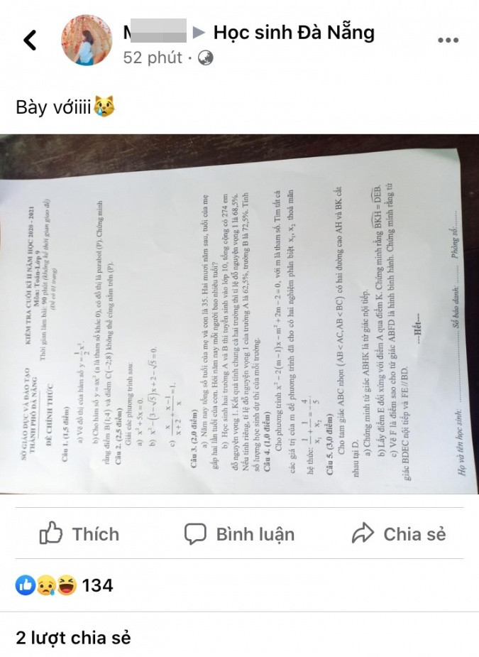 Nghi vấn lộ đề kiểm tra môn Toán lớp 9 ở Đà Nẵng