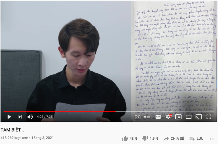 Tối 15/3, kênh YouTube Thơ Nguyễn đã đăng tải một video clip có tựa đề “Tạm biệt” sau buổi làm việc với các cơ quan chức năng tỉnh Bình Dương. (Ảnh chụp màn hình)