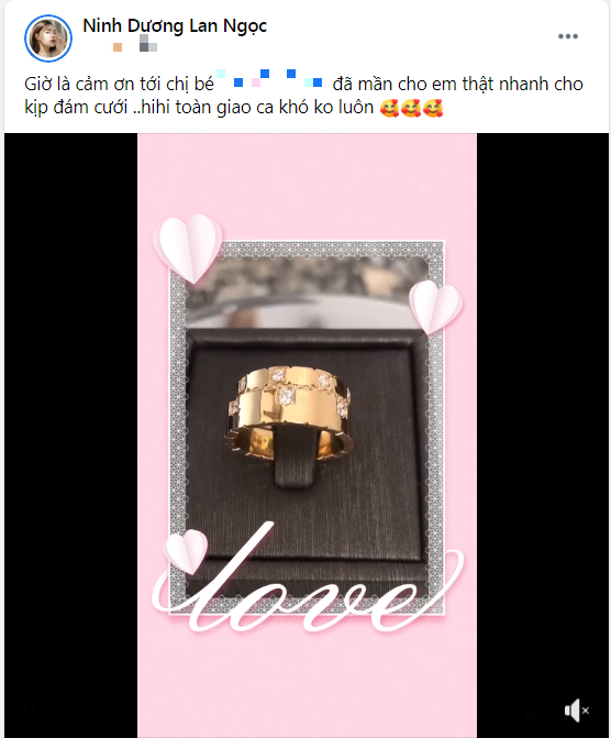 Ninh Dương Lan Ngọc khoe tặng cho em trai và em dâu bộ nhẫn đính kim cương.