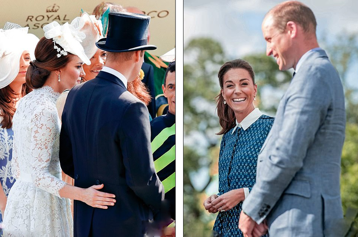 Trái: Cử chỉ thân mật hiếm hoi của Kate và William tại sự kiện Ascot năm 2017. Phải: Cặp đôi nở nụ cười trong chuyến thăm Bệnh viện Queen Elizabeth ở King’s Lynn, Norfolk năm 2020.