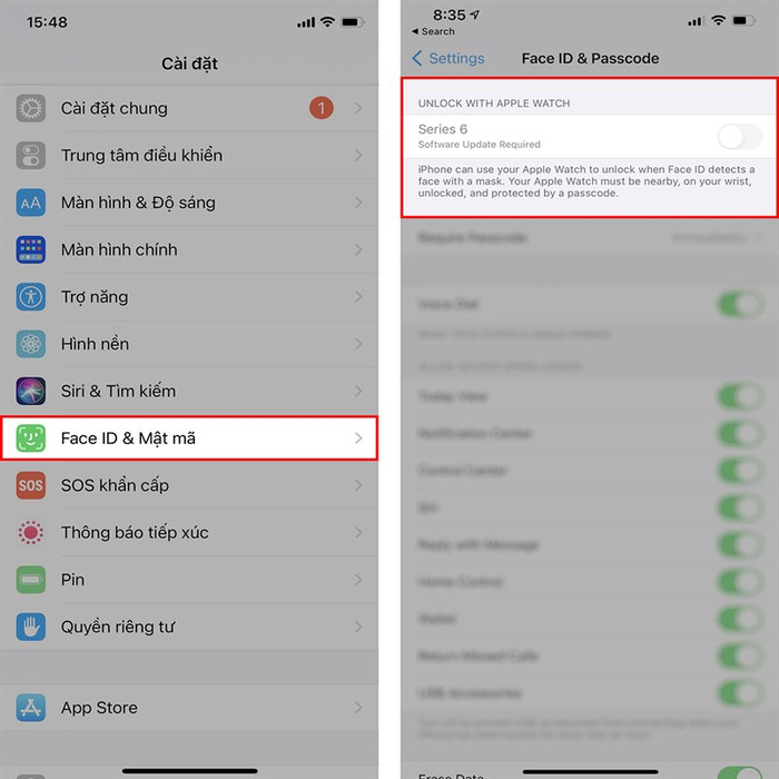 Để kích hoạt tính năng này, bạn vào Cài đặt > Face ID và mật mã. Tại đây, bạn bật tính năng Mở khóa với Apple Watch (Unlock with Apple Watch) lên, sau đó kích hoạt tùy chọn Apple Watch (hoặc tên đồng hồ của bạn). (Ảnh: TGDĐ)
