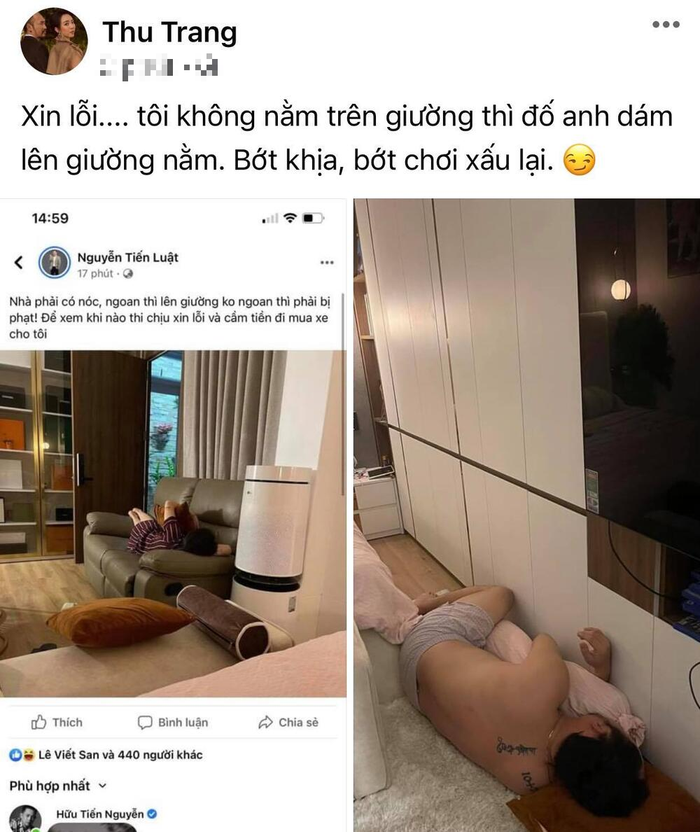 Tuy nhiên ngay sau đó, Thu Trang liền có động thái răn đe ông xã cũng như đăng ảnh bằng chứng mình đã trừng trị được Tiến Luật.