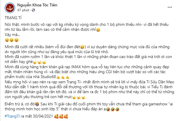 Bài chia sẻ dài nhất về phim Trạng Tí thuộc về Tóc Tiên.
