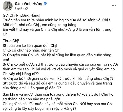 Status của ca sĩ Đàm Vĩnh Hưng gửi bà Phương Hằng.