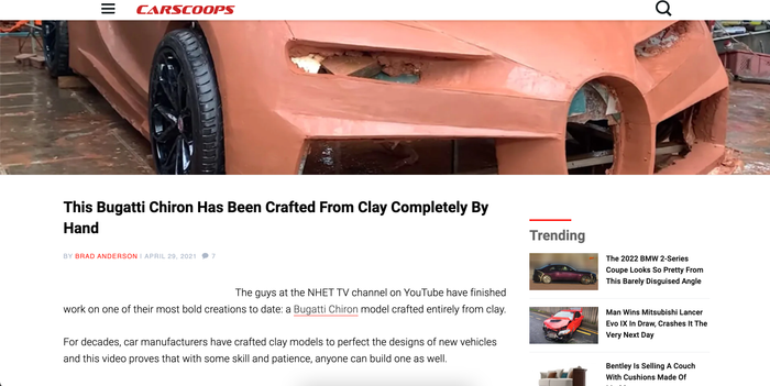 Hình ảnh về 'siêu xe' Bugatti đất sét của nhóm bạn trẻ người Việt được đăng tải trên chuyên trang ô tô Carscoops. (Ảnh chụp màn hình)