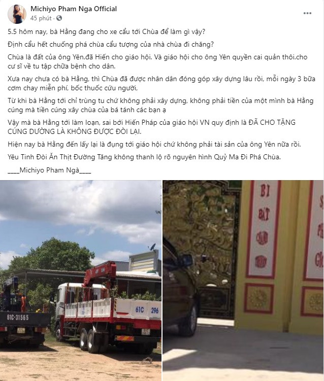 Bài đăng tố cáo của Phạm Ngà khi cho rằng bà Hằng đưa xe cẩu đến phá chùa.