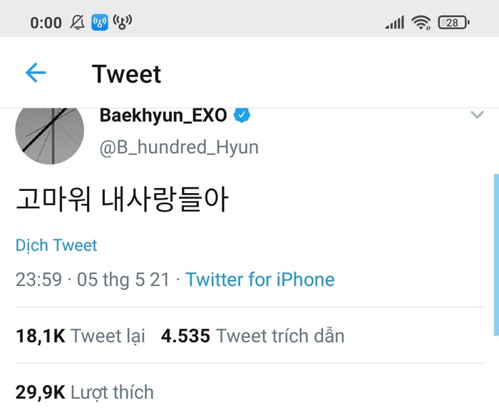 Baekhyun thật tâm lý khi Tweet ngay thời khắc chuyển giao sang ngày mới