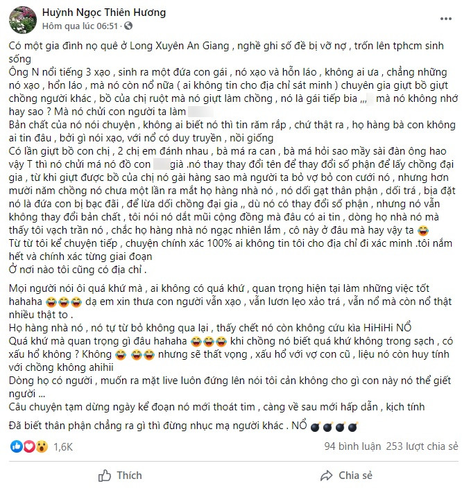 Tài khoản Huỳnh Ngọc Thiên Hương tố cáo bà Hằng từng có quá khứ đi bán bia ôm, giật chồng chị gái thu hút rất nhiều lượt tương tác của cư dân mạng.