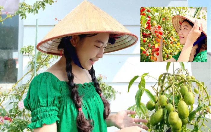 Tiểu thư nhà MC Quyền Linh khoe nhan sắc 'xuất thần' trong clip hái cà chua Ảnh 2