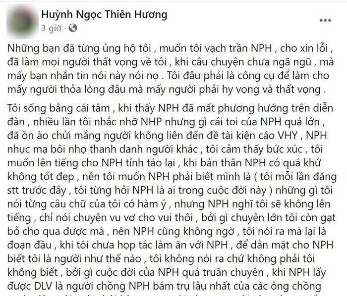 Tài khoản Huỳnh Ngọc Thiên Hương mới đây tiếp tục bóc mẽ thân thế của bà Nguyễn Phương Hằng